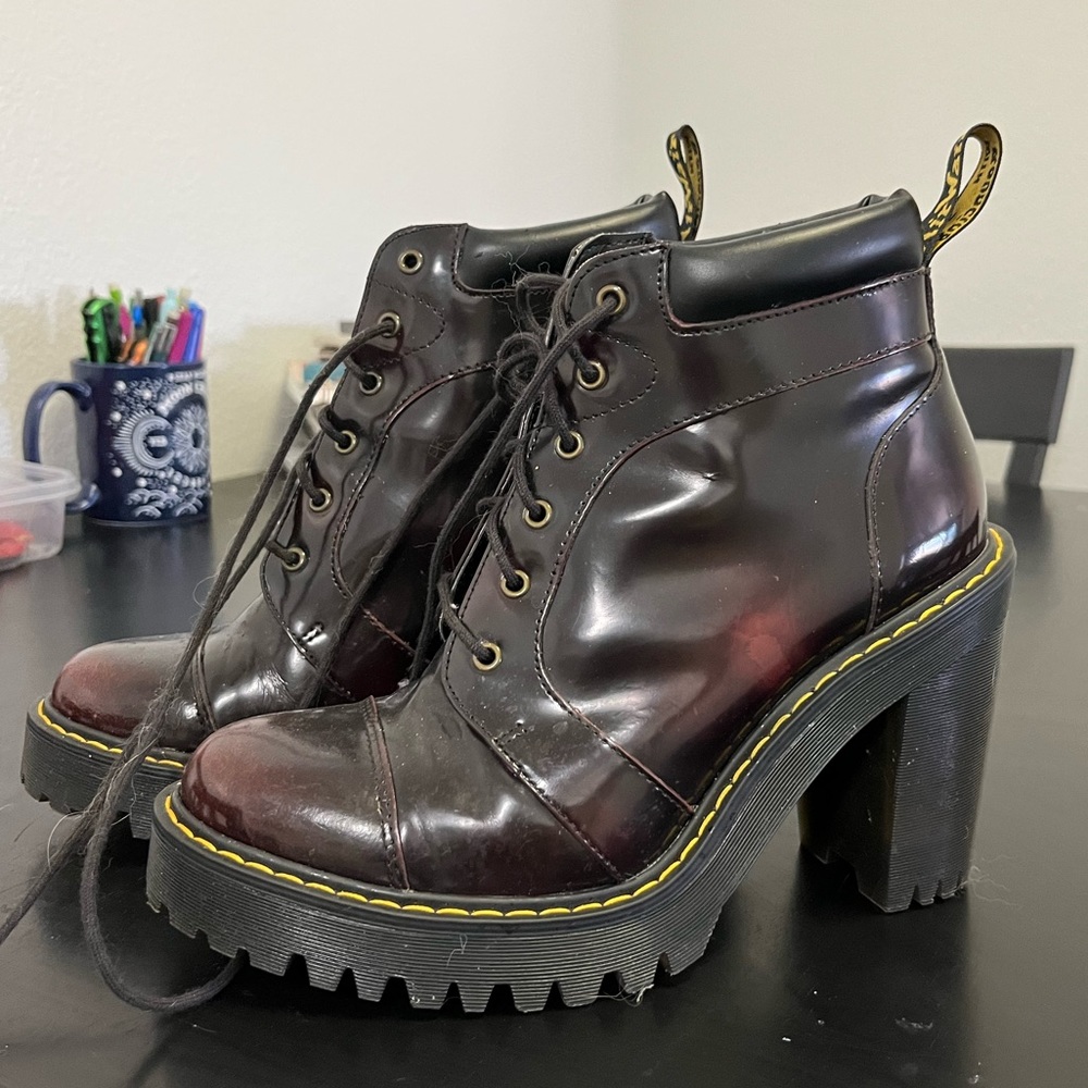 doc marten heeled boots in shade oxblood, US women’s size 7